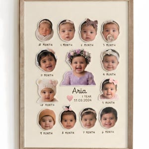 May include: A framed collage featuring twelve individual baby portraits arranged around a central image of a child wearing a floral crown. The text includes the name Aria, 1 YEAR, 11.03.2024, and labels for each month from 0 to 11.
