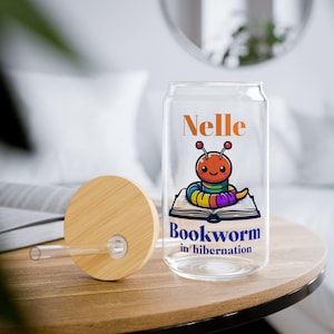 Bookworm Sipper Glass, Personalized custom tumbler Gift for Book Lovers, 16oz Iced Ice coffee glass cup for bookish readers
