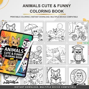Animal Cute Coloring Book for Kids, Fun Animal Printable Pages, Digital Coloring Sheets for Children, Kawaii Animal Activity Book PDF