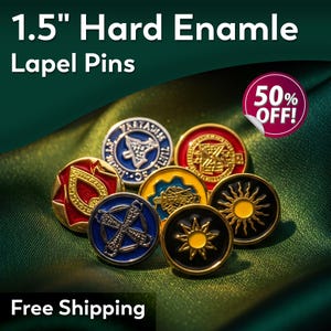 May include: A selection of hard enamel lapel pins, approximately 3.8 cm in diameter, in a variety of colours and designs. The pins have detailed designs and a 50% off sticker. Text on the image reads "1.5" Hard Enamel Lapel Pins".