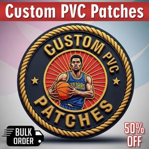 Könnte beinhalten: Individuelle PVC-Patches mit Basketball-Motiv. Das Design zeigt einen Basketballspieler mit Ball, umgeben von Text und einem seilartigen Rand. Die Patches sind rund und haben einen 3D-Effekt.