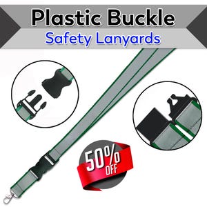 May include: A gray and green safety lanyard with a black plastic buckle and a metal clasp. The text "Plastic Buckle Safety Lanyards" is at the top of the image. A red banner with "50% OFF" is also present.