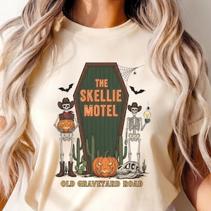 Skellie Motel Halloween Tee: Retro Skeleton Comfort Colors Shirt