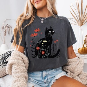Black Cat Floral T-Shirt: Boho Wildflower Graphic Tee