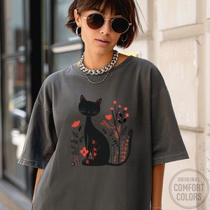 Black Cat Floral T-Shirt: Boho Wildflower Graphic Tee