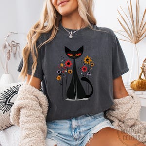 Black Cat Floral T-Shirt: Boho Wildflower Graphic Tee