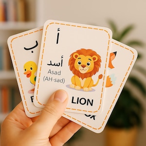 Peut inclure: Cartes flash éducatives avec des illustrations d'animaux et des lettres arabes. Une carte montre un lion de dessin animé avec le mot "LION". Le lion est jaune avec une crinière brune. D'autres cartes montrent un canard et un renard.