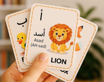 Arabic-English Animal Alphabet Flashcards – Printable PDF for Kids, Bilingual Preschool Learning, Arabic Letters