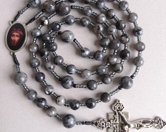 Labradorite Rosary Necklace, Catholic Prayer Beads with Crucifix, Natural Stone, Custom design, Gift, Silver-tone