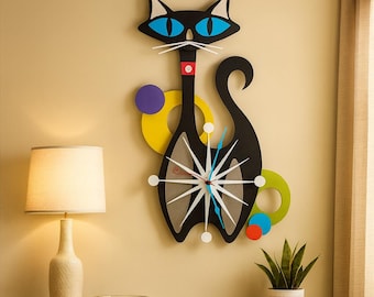 Atomic Cat Clock, Mid Century Clock, Wooden Clock, Modern Wall clock, Mid Century Decor, MCM Clock, Retro Clock, Atomic Cat Decor