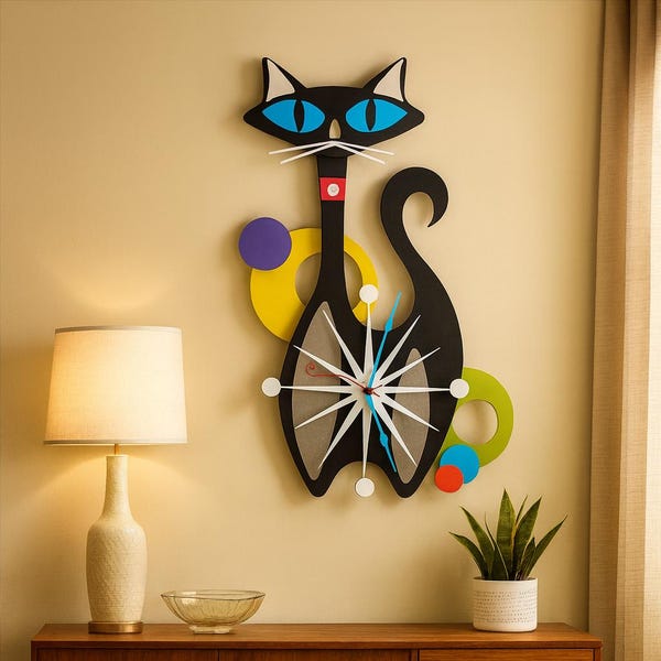Reloj de gato atómico, reloj de mediados de siglo, reloj de madera, reloj de pared moderno, decoración de mediados de siglo, reloj MCM, reloj retro, decoración de gato atómico