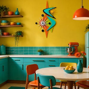 Op de afbeelding: Een mid-century moderne starburst wandklok met een levendig oranje, turquoise en zwart boemerangvormig ontwerp met een witte wijzerplaat, gemonteerd op een felgele keukenmuur boven een turquoise kast en een eethoek.