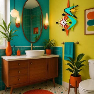 Op de afbeelding: Een badkamermeubel met houten kast, wit aanrechtblad en waskom. Het interieur bevat een ovale spiegel, een wandklok in stervorm, turquoise en gele muren, een rond oranje tapijt en diverse planten in oranje bloempotten.