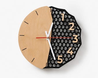 Moderne Wanduhr aus Holz, geräuschlose Wanduhr, geräuschlose Küchenuhr, skandinavische Wanddekoration, geometrische Wabenuhr, handgefertigte Uhr