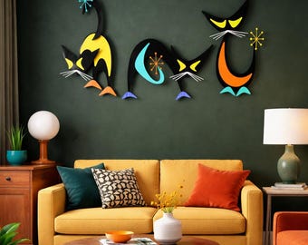 Decoración Atomic Cat, arte mural moderno de mediados de siglo, decoración de mediados de siglo, arte mural MCM, decoración atómica