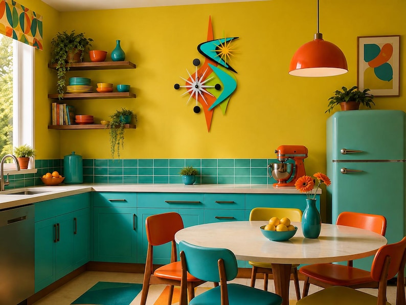 Op de afbeelding: Een mid-century moderne starburst wandklok met een levendig oranje, turquoise en zwart boemerangvormig ontwerp met een witte wijzerplaat, gemonteerd op een felgele keukenmuur boven een turquoise kast en een eethoek.