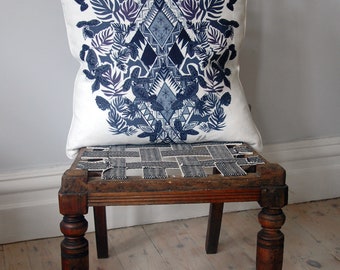 Indigo Geometric Palm Print Linen Cushion