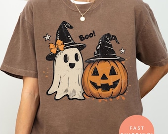 Koszula Spooky Ghost Halloween Comfort Colors, koszulka z motywem dyni w stylu preppy floral, koszulka z motywem upiornego sezonu, koszulka Ghost Aesthetic Tee z kwiatowym patchworkiem