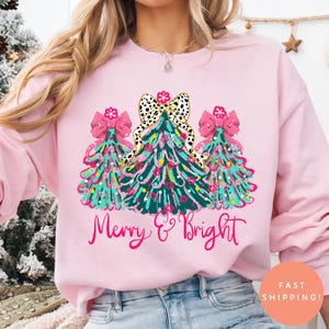 Jultröja Merry & Bright Xmas Grand Tröja Rosa Högtid Festlig Rosettljuströja Söt Jolly T-shirt Merry Christmas Mamma Rundkrage
