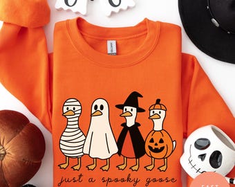 Sudadera de Halloween "Just a Spooky Goose", divertida y divertida sudadera de cuello redondo con un ganso, adorable suéter de animales otoñales, suéter de temporada espeluznante, regalo para amantes de los gansos