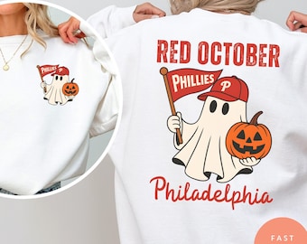 Bluza z nadrukiem "Czerwony Październik Halloween Duch" z Filadelfii, straszna koszulka baseballowa na Halloween, koszulka z nadrukiem "Halloween Duch", bluza baseballowa