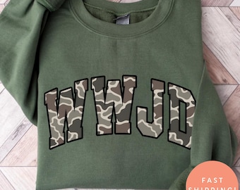WWJD Camo Sweatshirt, Christian Unisex Pullover, Faith Graphic Sweater, Walk With Jesus Apparel, Religious Gift, Bible Verse Crewneck