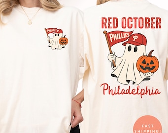 Koszulka Phillies z motywem Halloween Ghost, czerwona październikowa koszulka baseballowa, koszulka kibica Phillies z motywem Halloween, bluza sportowa Ghost, upiorna koszulka Philadelphia