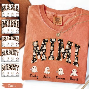 Personalized Halloween Mimi Shirt with Grandkids' Names, Custom Ghost Mimi Shirt, Comfort Colors Fall Grandma Tee, Cute Halloween Shirt