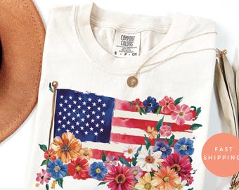 Floral American Flag Shirt, Patriotic 4th of July Tee, USA Independence Day Shirt, Comfort Colors Summer Shirt, Gift for Her, Daisy Flag Top