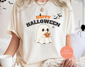 Comfort Colors® Cute Ghost Halloween Shirt, Spooky Season Tee, Retro Fall Ghost T-shirt, Cozy Autumn Pumpkin Shirt for Women