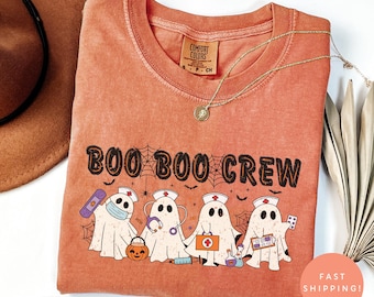 Camiseta de enfermeira Comfort Colors® Halloween, Boo Boo Crew, presente de enfermeira para mulheres, camiseta de temporada assustadora, presente para enfermeira, enfermeira, enfermeira, enfermeira, enfermeira, camiseta engraçada de enfermeira de UTI