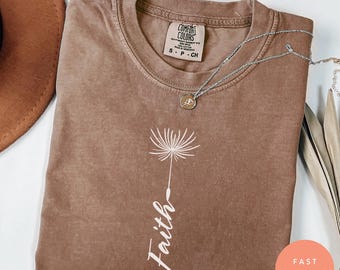 Camiseta de diente de león con fe de Comfort Colors®, camiseta cristiana minimalista, top religioso botánico, regalo inspirador para mujer, camiseta floral con fe
