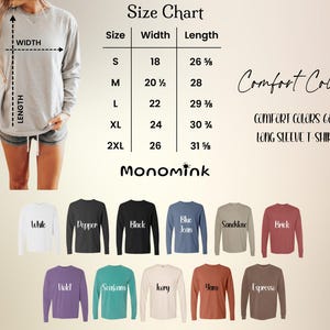 May include: A light gray long-sleeve shirt with a size chart and color options. The size chart shows measurements in inches. The available colors include white, black, blue, and more. The text "Comfort Colors 6014 Long Sleeve T-Shirt" is also visible.