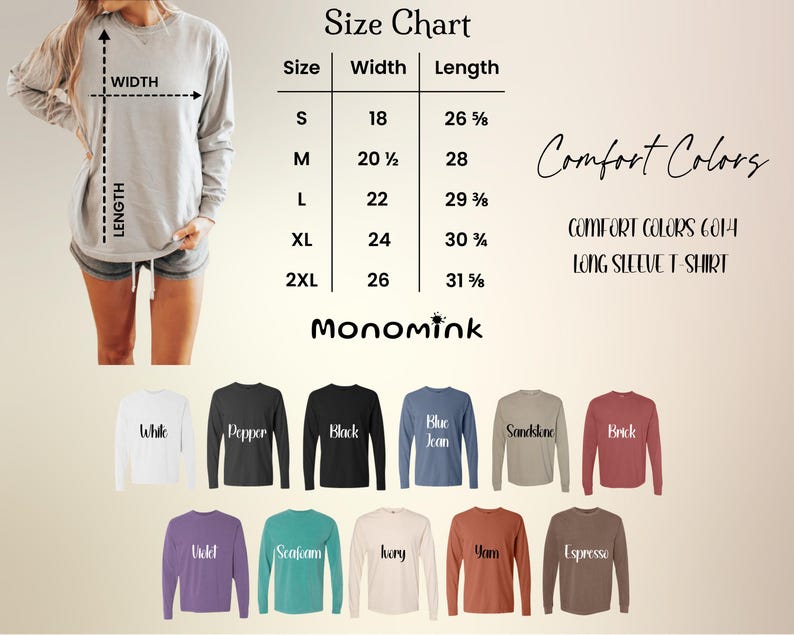May include: A light gray long-sleeve shirt with a size chart and color options. The size chart shows measurements in inches. The available colors include white, black, blue, and more. The text "Comfort Colors 6014 Long Sleeve T-Shirt" is also visible.