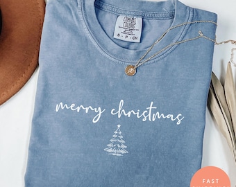 Comfort Colors Merry Christmas Shirt, Minimal Holiday Tee, Cute Xmas Tree Graphic Tee, Trendy Winter Shirt for Women, Cozy Christmas Top