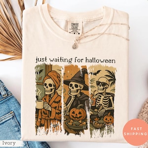Just Waiting for Halloween Comfort Colors® Shirt, Funny Skeleton Pumpkin Shirt, Spooky Fall Graphic Shirt, Retro Halloween Womens Shirt