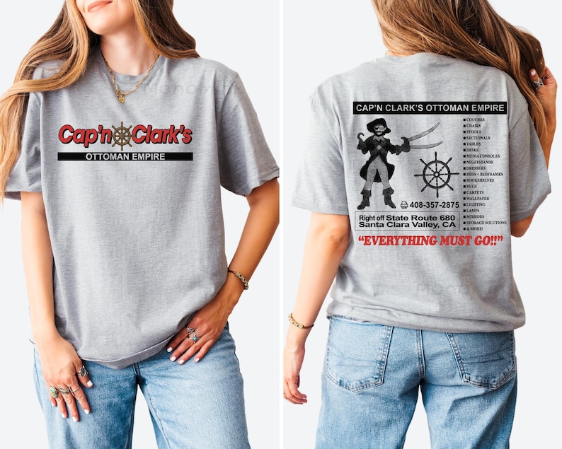 Chemise Empire ottoman du capitaine Clark, t-shirt graphique vintage de magasin de meubles de pirate rétro, t-shirt drôle d'humour de vacances recto-verso image 4
