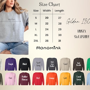 May include: A light gray unisex sweatshirt with a size chart and color options. The size chart shows measurements in inches. Available colors include white, purple, black, sport gray, dark heather, sand, dark chocolate, Irish green, military green, pink, heather maroon, red, orange, gold, forest green, and light blue.
