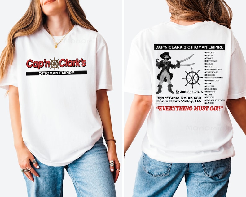 Chemise Empire ottoman du capitaine Clark, t-shirt graphique vintage de magasin de meubles de pirate rétro, t-shirt drôle d'humour de vacances recto-verso image 6