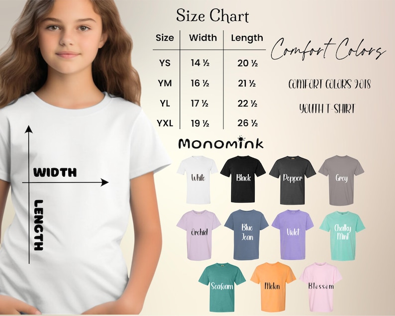 May include: A young person wearing a white t-shirt, with a size chart and color options for youth t-shirts. The chart shows sizes YS (14.5" width, 20.5" length) to YXL (19.5" width, 26.5" length). Colors include white, black, grey, and others.