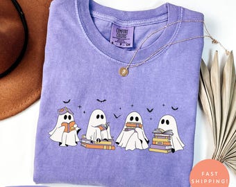 Camiseta de fantasmas leyendo libros, camiseta de Halloween para amantes de los libros, linda y espeluznante camiseta para amantes de los libros, acogedor regalo de otoño para bibliotecarios, lector fantasma retro