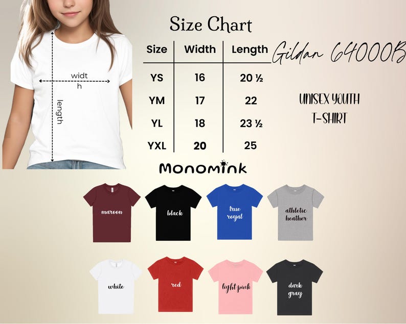May include: A size chart for Gildan 64000B unisex youth t-shirts, with measurements in inches. The chart includes sizes YS, YM, YL, and YXL, along with a color palette of maroon, black, true royal, athletic heather, white, red, light pink, and dark gray.