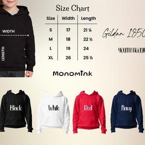 May include: A black youth hoodie with a size chart, featuring measurements in inches. The chart lists sizes S, M, L, and XL, with corresponding width and length measurements. Additional hoodies in white, red, and navy are displayed.