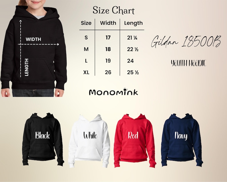 May include: A black youth hoodie with a size chart, featuring measurements in inches. The chart lists sizes S, M, L, and XL, with corresponding width and length measurements. Additional hoodies in white, red, and navy are displayed.