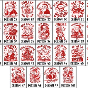May include: A collection of red and white Christmas-themed designs on rectangular backgrounds. Each design features festive illustrations like Santa Claus, skeletons, and holiday phrases such as "Jolly AF" and "Fa La La".
