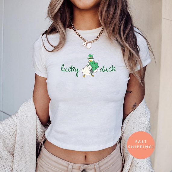 St Patricks Day Baby Tee Shirt, Lucky Duck St Paddys Day Goose T-Shirt, Funny Irish St Pattys Day Tee Y2K 90s Style Cute Party Top