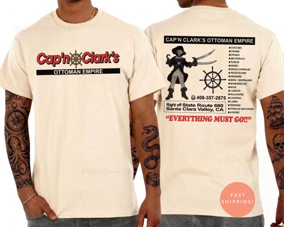 Cap'n Clark's Ottoman Empire Shirt, Vintage Retro Pirate Furniture Store Graphic Tee, Funny Front and Back Holiday Humor T-Shirt