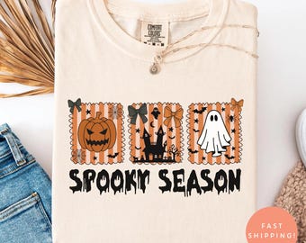 Comfort Colors® Spooky Season Shirt, süßes Halloween T-Shirt für Frauen, Retro Herbst Kürbis Geist Shirt, Spooky Vibes, Halloween Geschenkidee