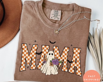 Spooky Mama Halloween Shirt, Retro Ghost Mama Comfort Colors® Tee, Floral Ghost T-Shirt, Cute Fall Mom Shirt, Halloween Gift for Her