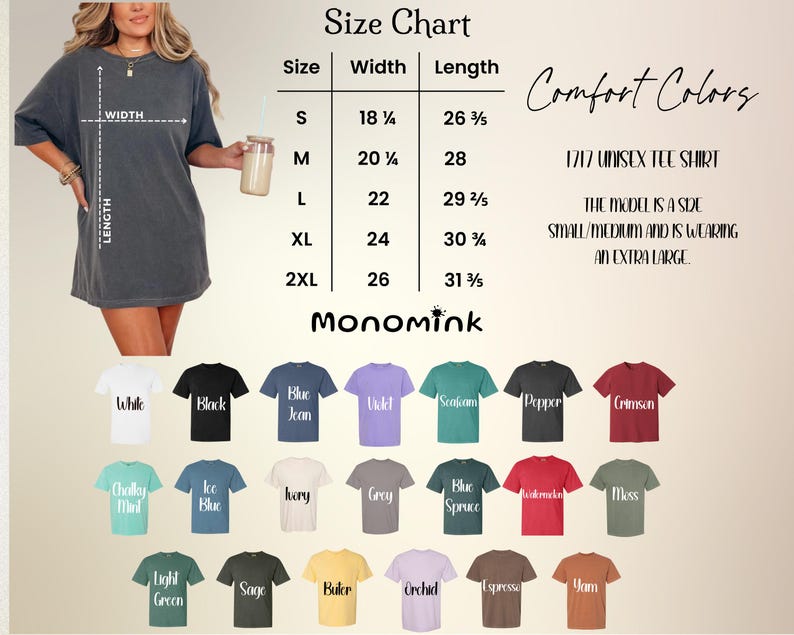 May include: A size chart for a unisex t-shirt, with measurements in inches. The chart includes sizes S to 2XL, with width and length dimensions. The image also displays a variety of t-shirt colors, including white, black, and blue jean.